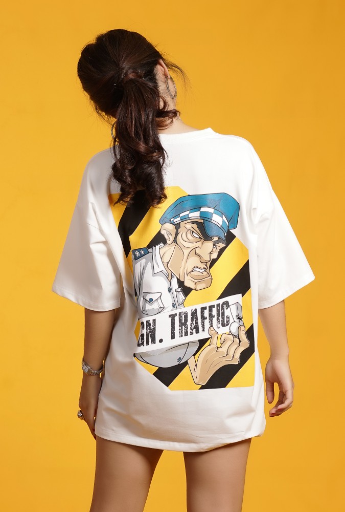 Ygn Traffic Police Oversized T-Shirt Girl  (White)